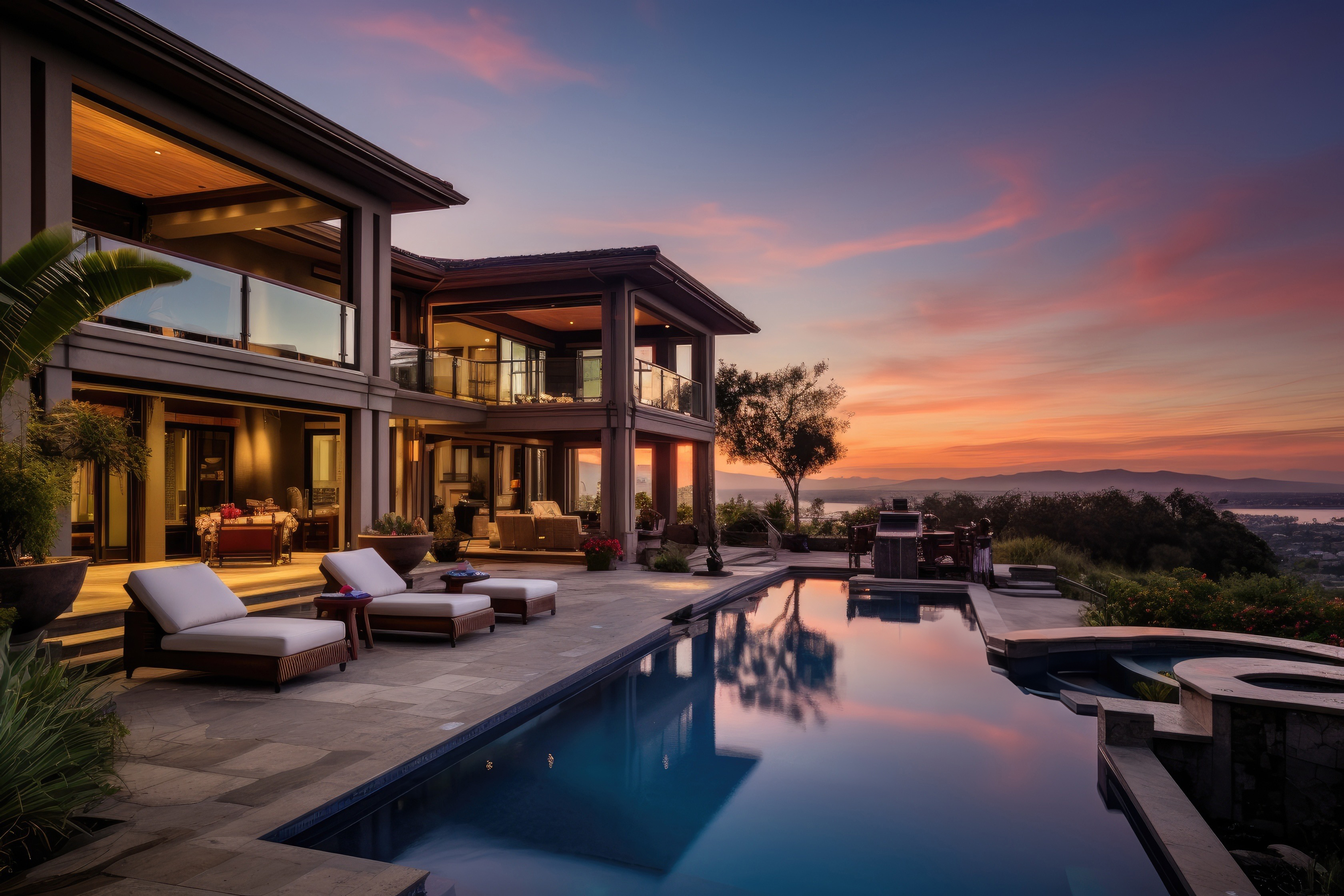 Gorgeous upscale residence featuring a pool and stunning sunset views.